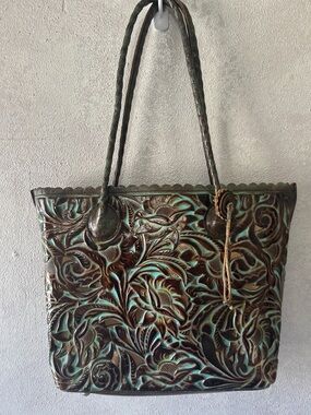 Patricia Nash Brown and Turquoise Hand-Tooled Leather Tote